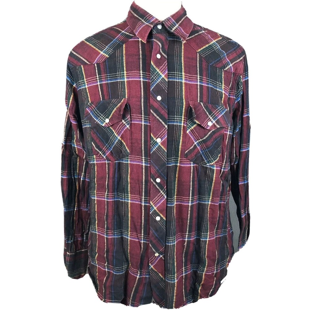 Wrangler‎ Western Flannel Shirt Men's Large Pearl Snaps Cowboy Rodeo Farm Ranch